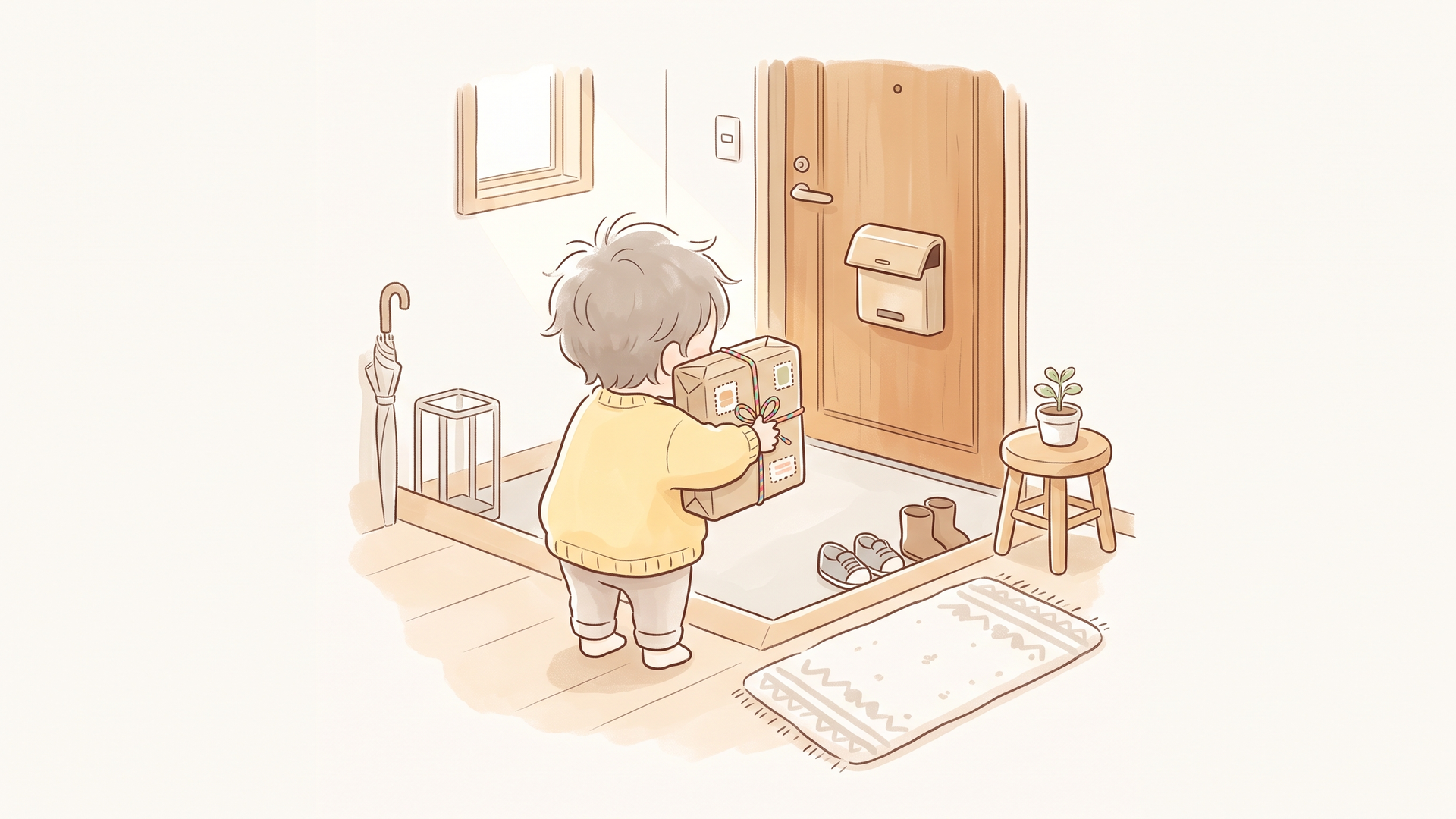 ポストに届いた絵本の包みを、小さな子どもが嬉しそうに抱えて玄関に立っている様子