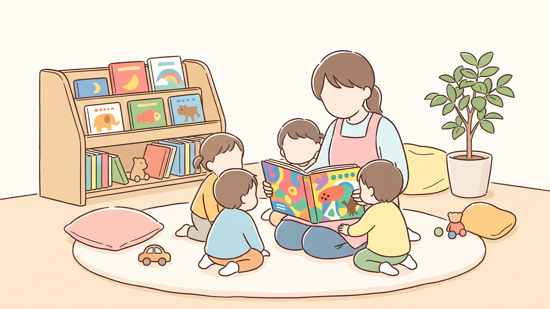 保育園の絵本コーナーで、先生の膝の上で海外の色鮮やかな絵本を覗き込む子どもたち