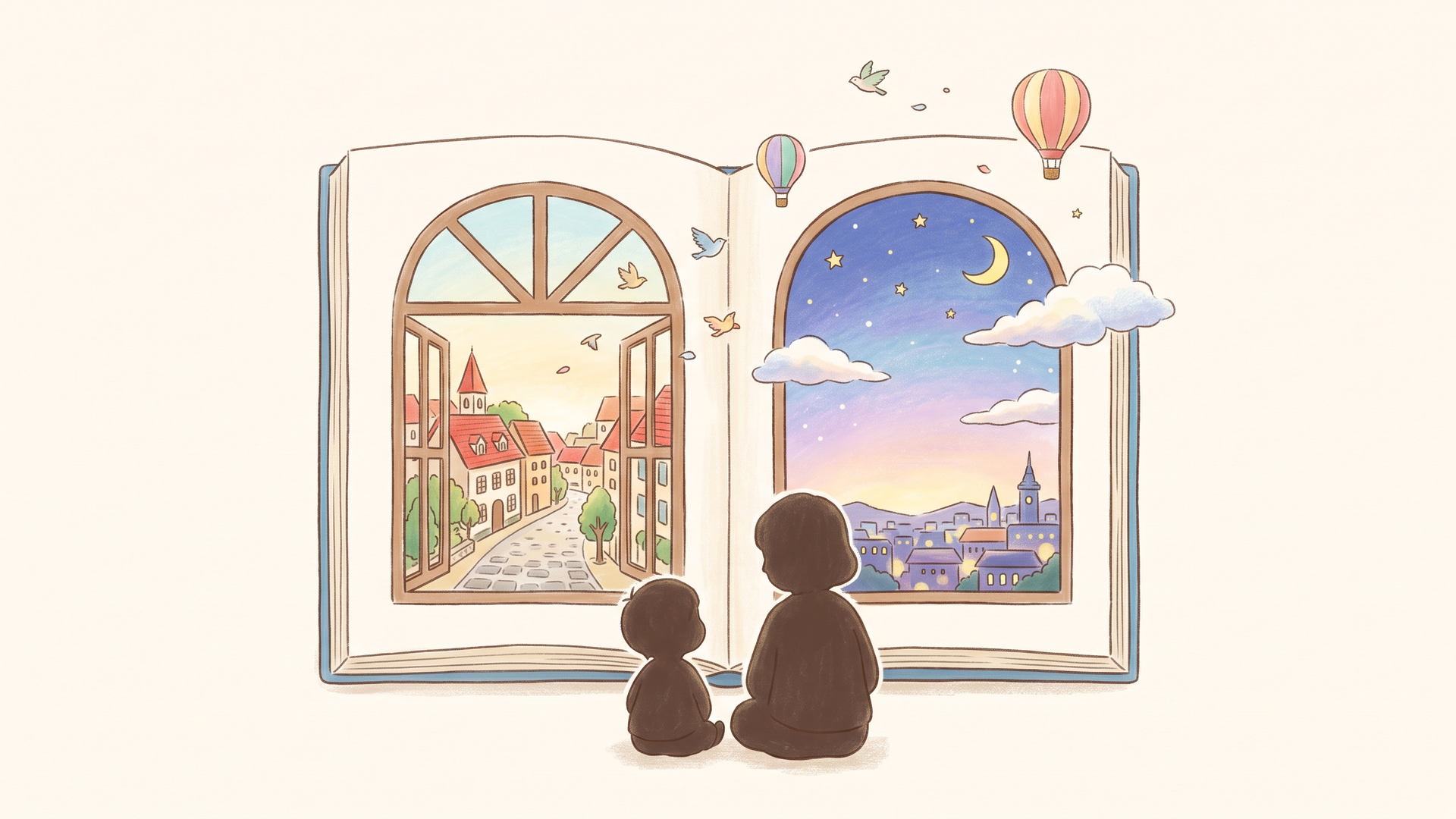 窓の形をした絵本のページから、世界のいろいろな街や空が広がって見える、やさしいイラスト風のシーン