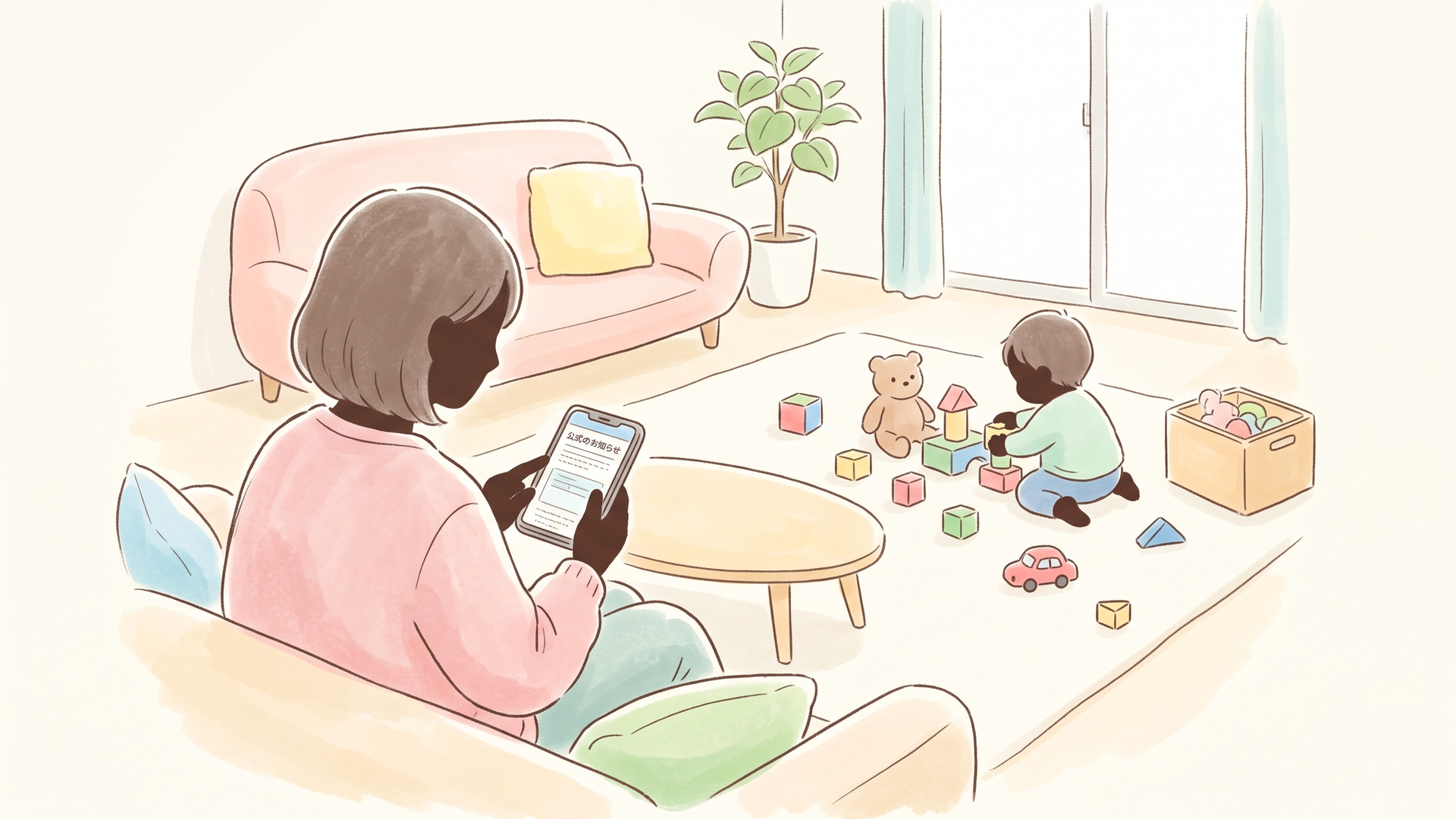 スマホで公式のお知らせを確認している親の手元と、そばで遊ぶ子どもの様子