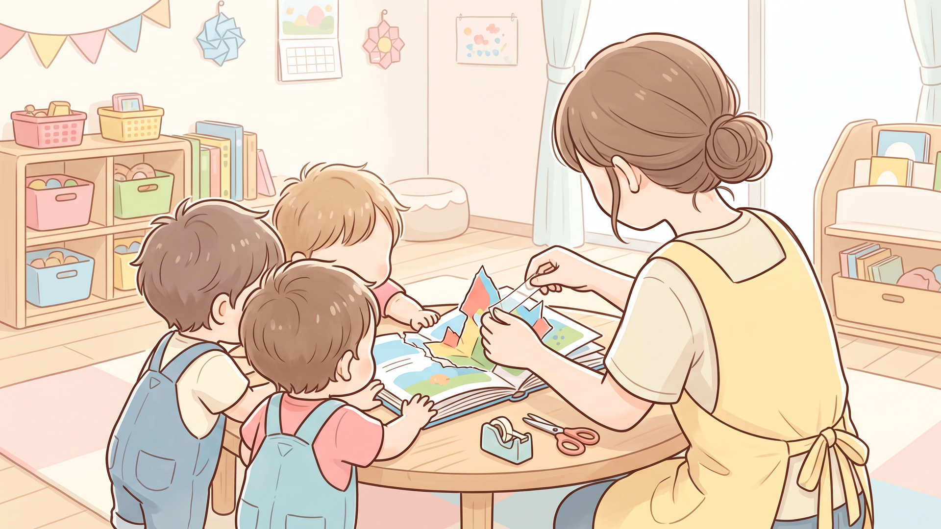 保育室で先生と子どもたちが、破れたしかけ絵本をテープでやさしく直している様子