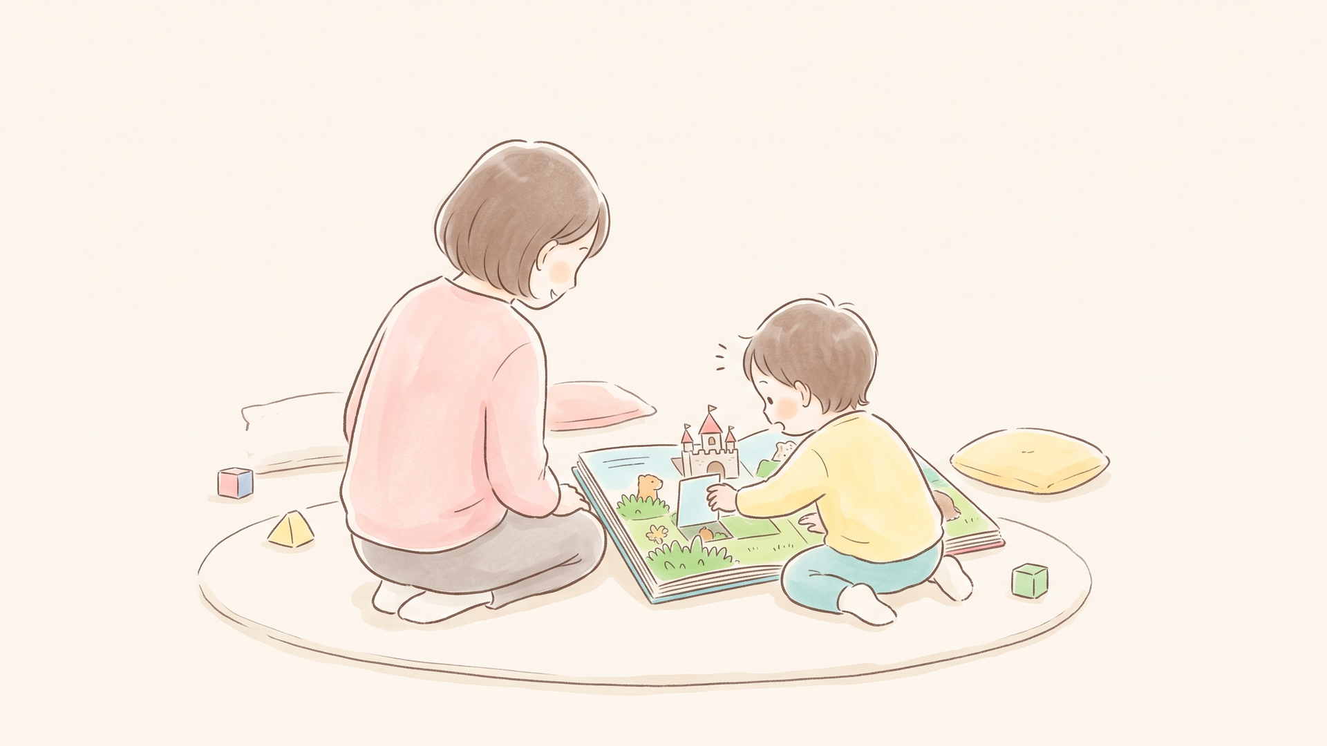 しかけ絵本のフラップをめくって目をまんまるにしている小さな子どもと、横でほほえむ大人