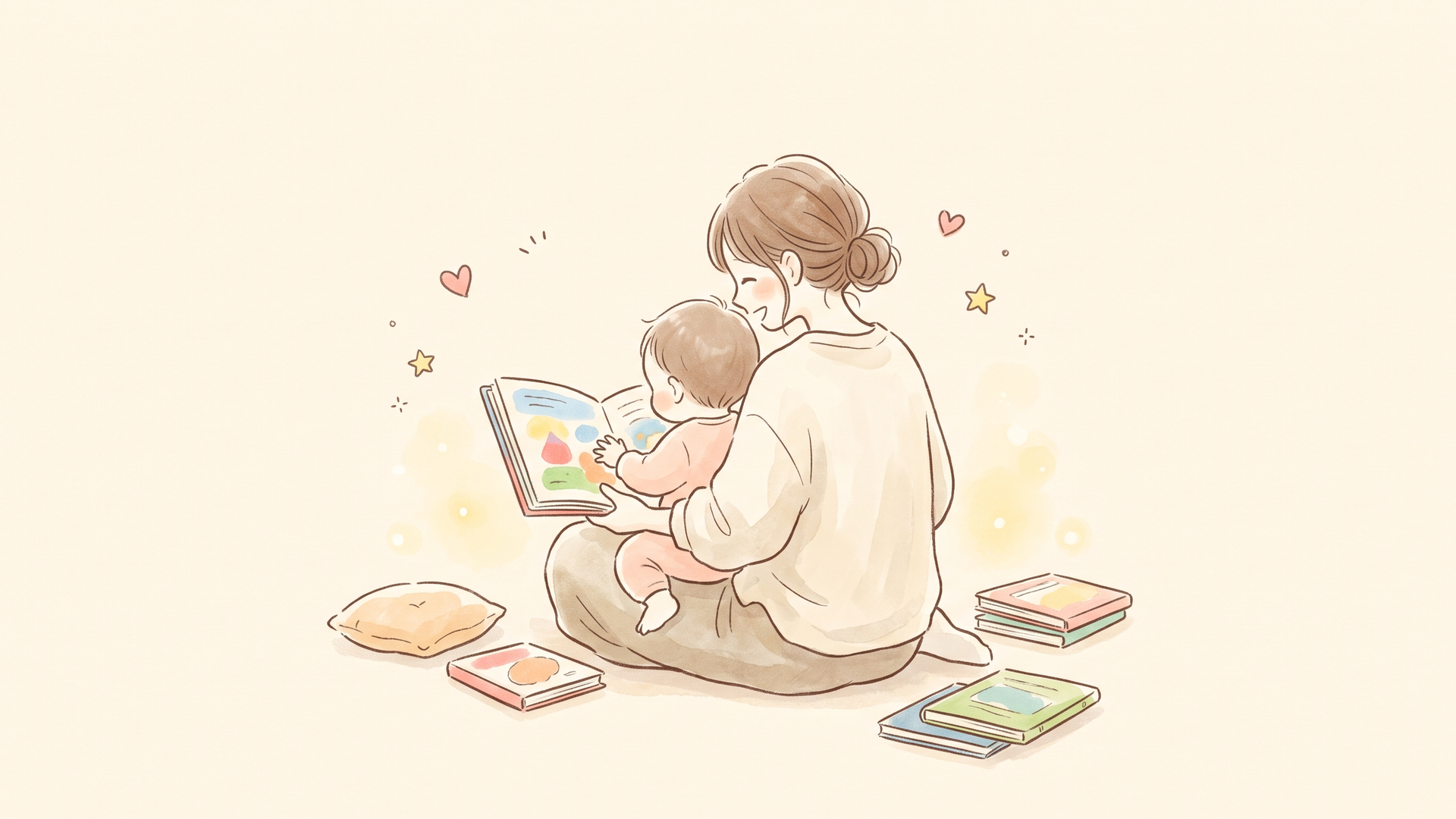 ママと赤ちゃんが絵本を読みながらほっぺをくっつけて笑い合っているシーン
