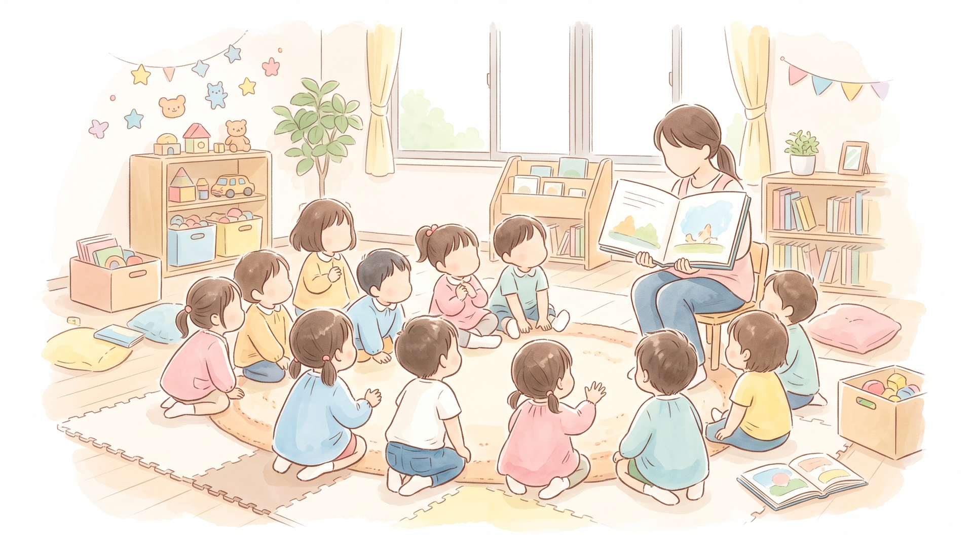 保育園の読み聞かせの時間に、子どもたちが絵本のまわりに集まって目を輝かせている様子