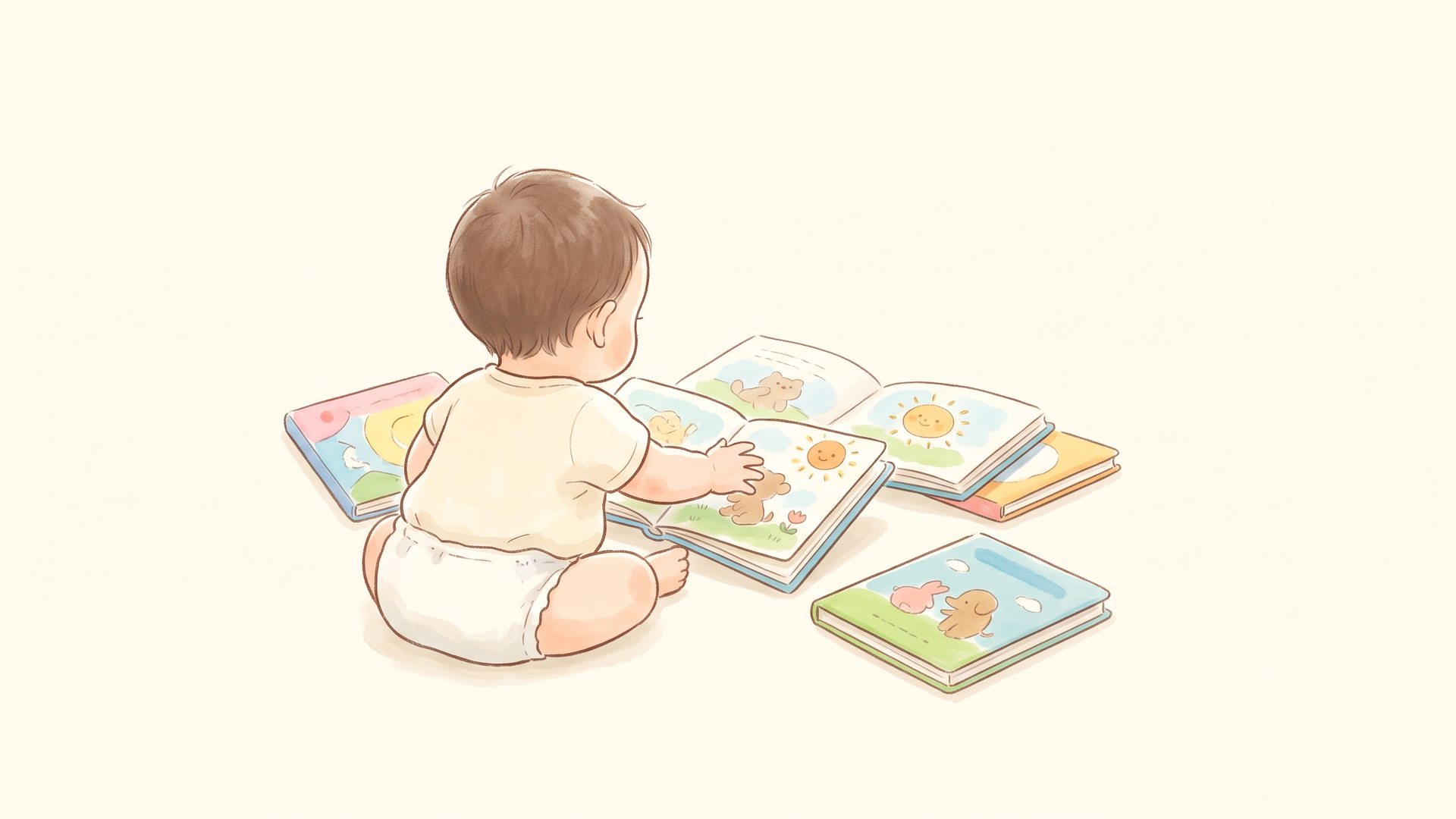 床に何冊かの絵本を広げて、赤ちゃんがその中から1冊を手に取ろうとしているシーン
